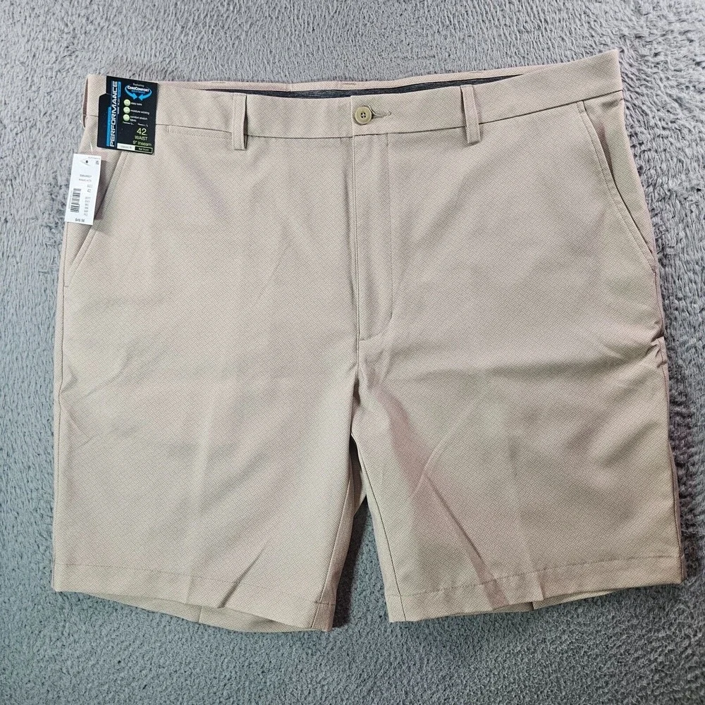 NWT Roundtree & Yorke Performance Shorts‎ Men 42 x 9 Classic Pattern Khaki HTR